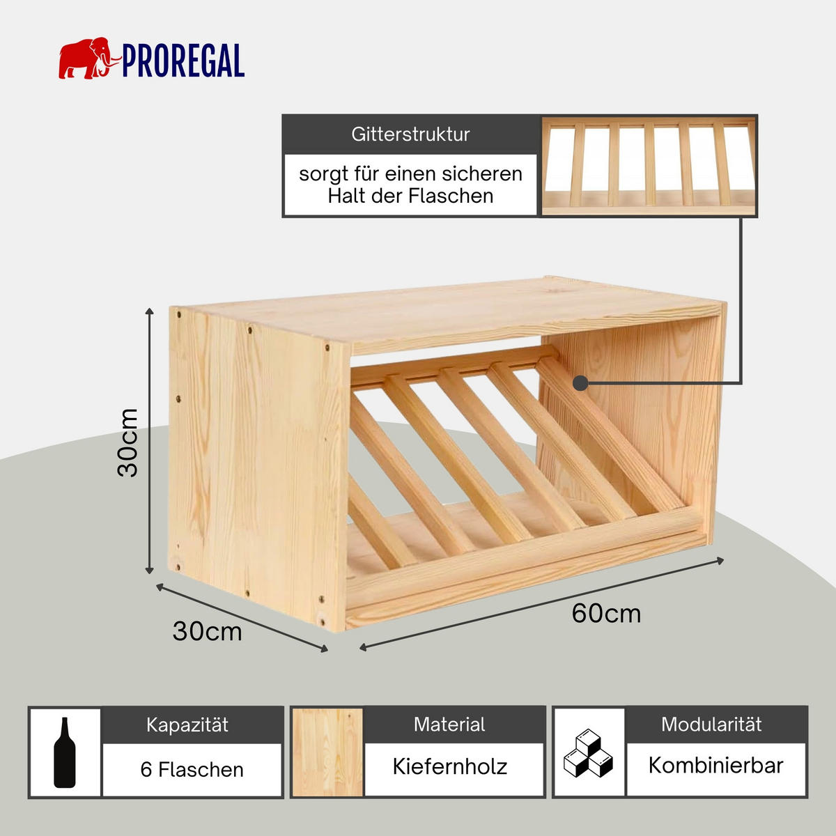 WEINREGAL Vincellar Mod 30x60x30 cm Schräg Modul Für 6 Flaschen Massives Kiefernholz Natur - Naturfarben, Holz (60/30/30cm) - PROREGAL