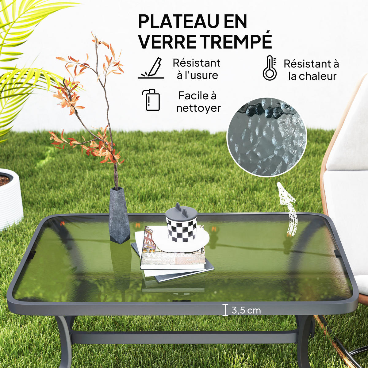 GARTENBEISTELLTISCH DE-14125 rechteckig 95x55 cm mit gewellter Glasplatte Schwarz - Schwarz, Metall (95/55/46cm) - ComfortXL