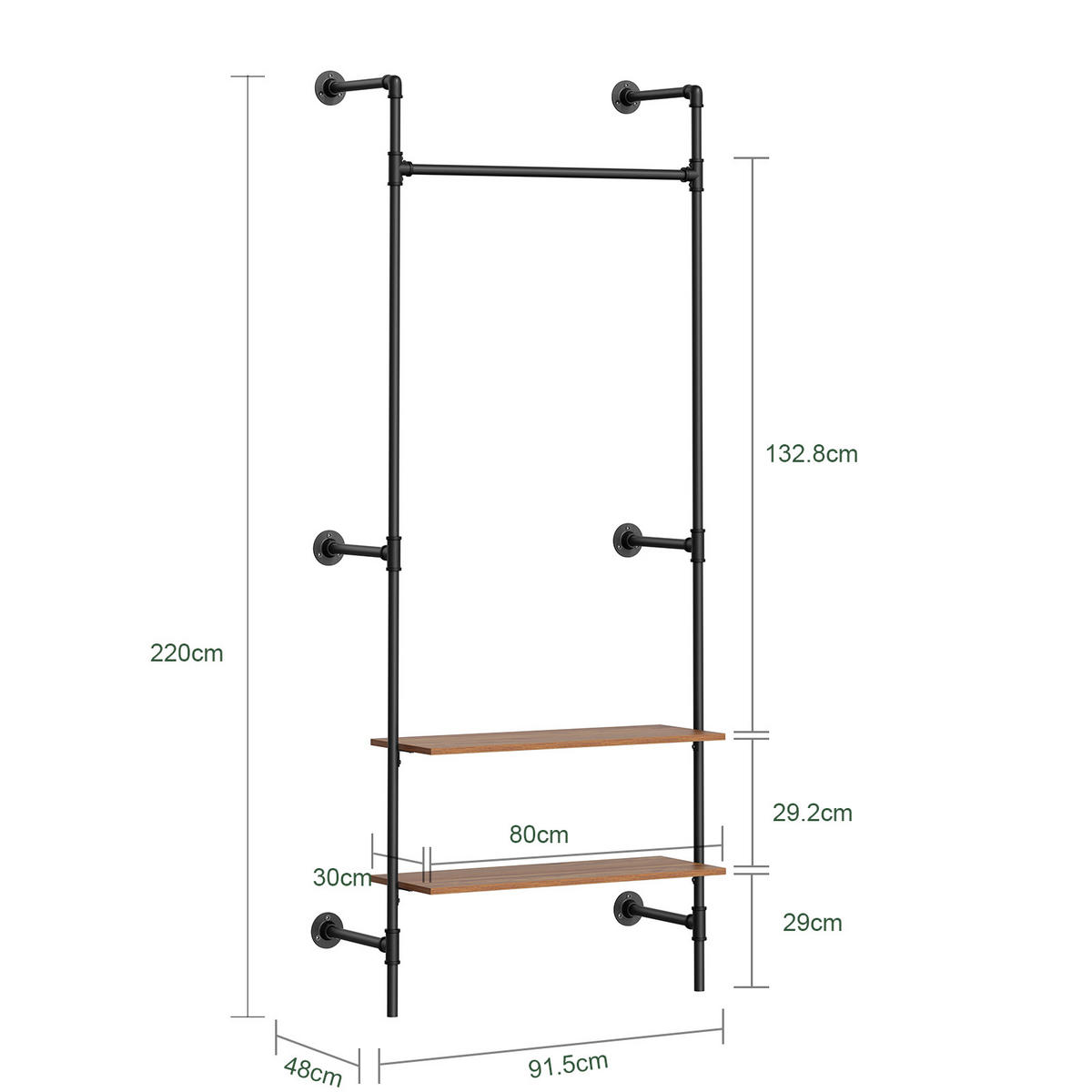 KLEIDERSTANGE mit 2 Regalböden, 45kg Tragkraft, 91,5x48x220cm - Schwarz, Metall (48/220/91.5cm) - SoBuy
