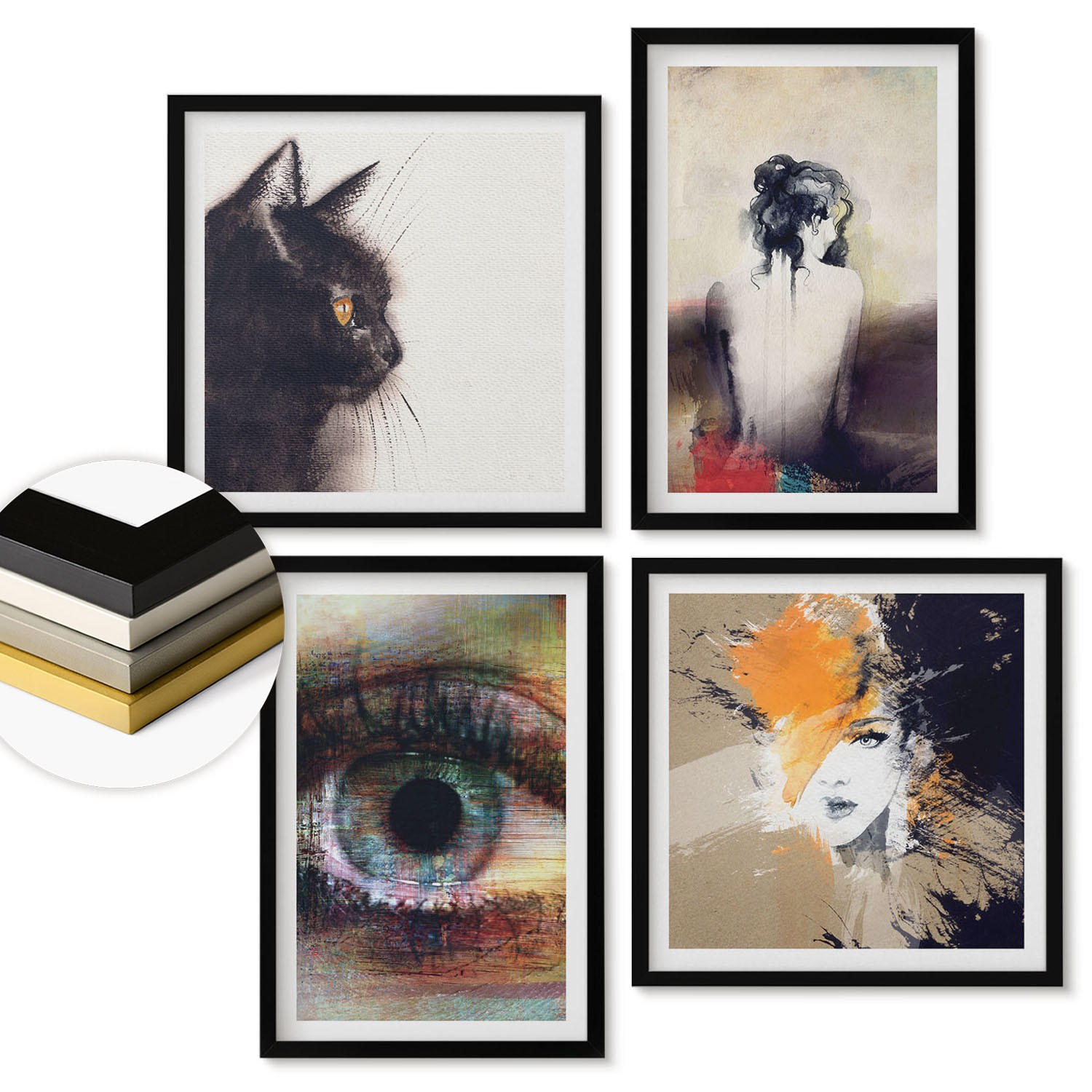 WANDBILDER 4er-Set - 50x50 cm & 40x60 cm Schwarzer Rahmen - Porträt einer Frau, Auge, Farben, Emotionen - Schwarz, Kunststoff (50/50cm) - ArtPrintCave