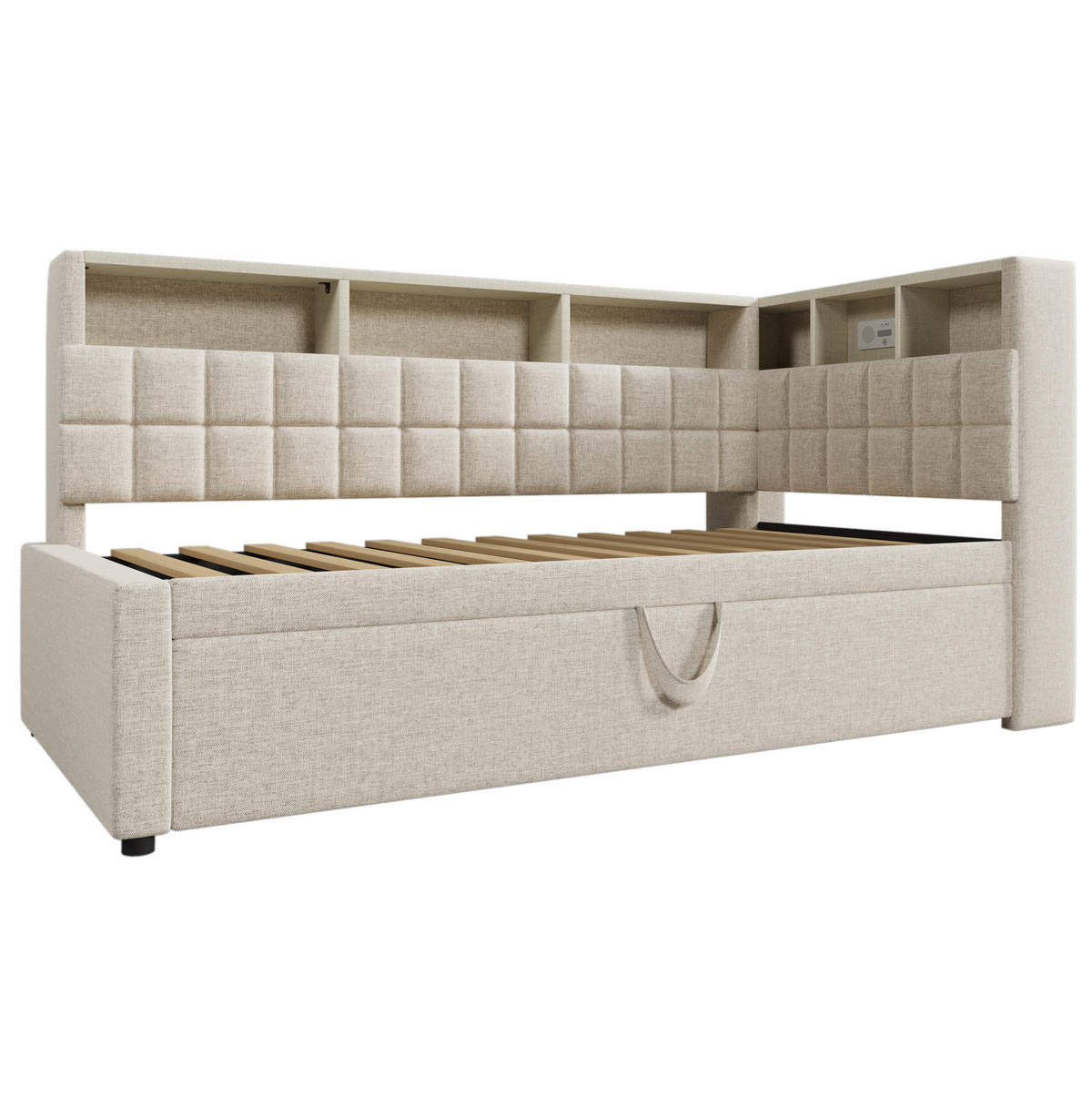 POLSTERBETT 90/200 cm mit Ausziehbett, LED, Bluetooth-Lautsprecher, USB-A/USB-C und Stauraum, Leinenoptik, Beige - Beige, Textil (90/200cm) - Redom