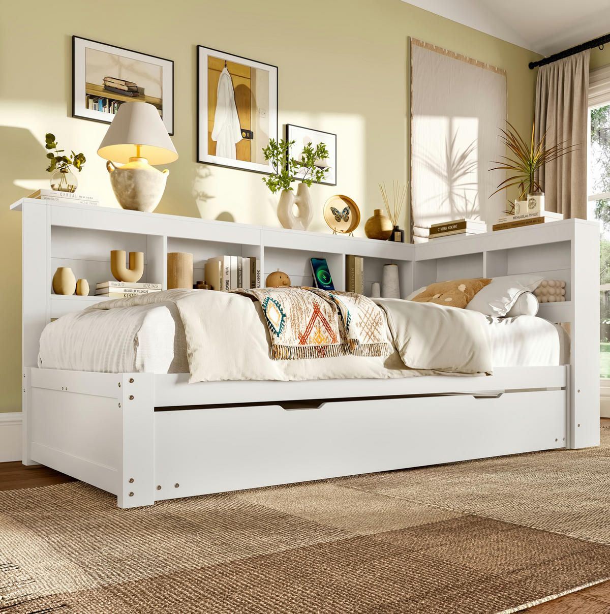 MULTIFUNKTIONSBETT 90/200 cm mit ausziehbarem Rollbett und 2 USB-Anschlüssen Weiß - Weiß, Holz (90/200cm) - OKWISH
