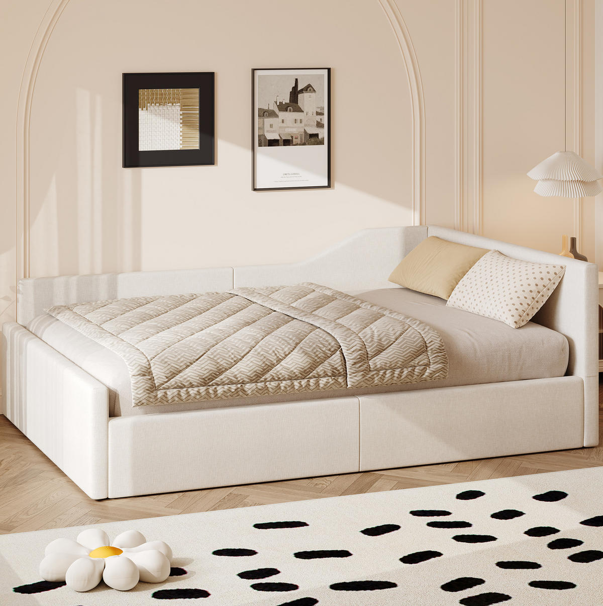 KREVET 140/200 cm s prostorom za pohranu i naslonom, MDF i lanena tkanina, Bež - bež, drvni materijal (140/200cm) - Redom