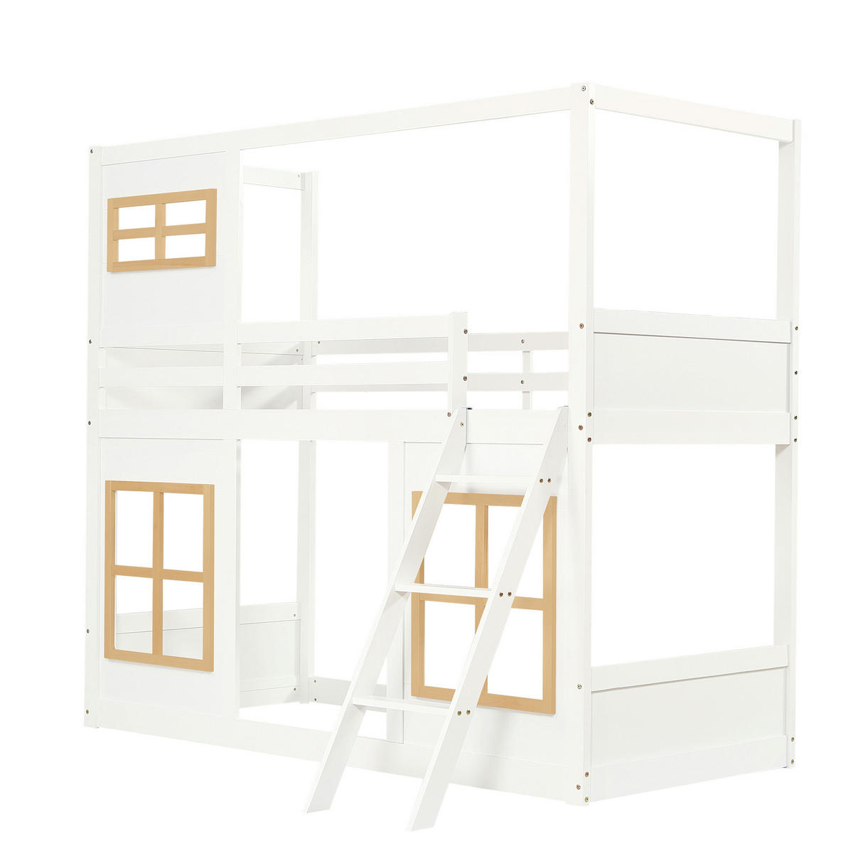 ETAGENBETT aus Kiefer und MDF 90x200 cm Weiß/Natur mit Fenstern, Trittleiter und vierseitigem Rausfallschutz - Weiß, Holzwerkstoff (90/200cm) - Modfu