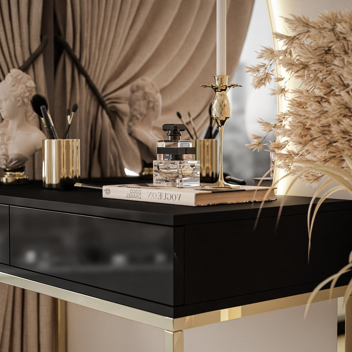 SCHMINKTISCH schwarz QUINNIE mit LED-Spiegel gold Chrom rechts PUSH OPEN - Schwarz Hochglanz/Goldfarben, Holzwerkstoff (100/176/42cm) - Lookway