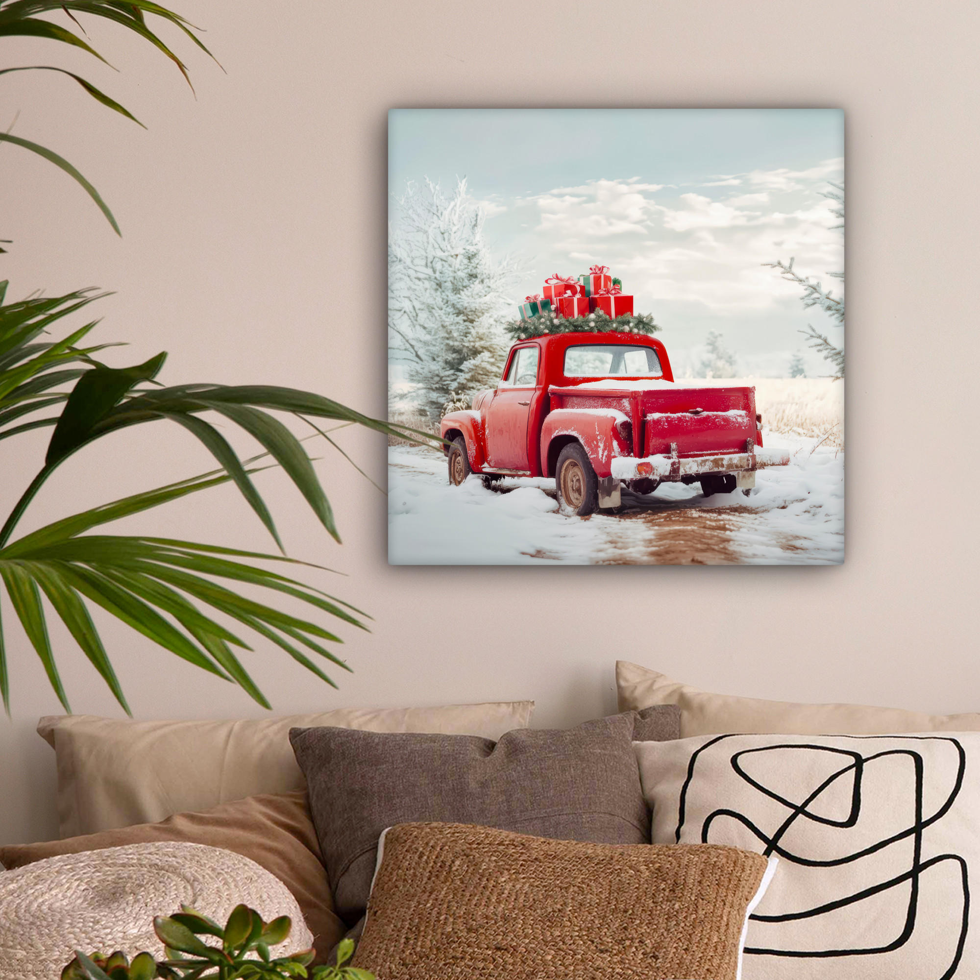 LEINWANDBILD Auto - Rot - Geschenke - Winter - Schnee - Weihnachten 50x50 cm - Rot, Textil (50/50cm) - MuchoWow