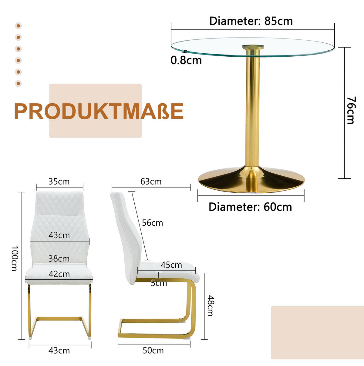 ESSZIMMER-SET mit Glastisch 85 cm Transparent/Weiß-Gold 5-tlg. - Transparent, Metall (85/76/85cm) - Meubliv