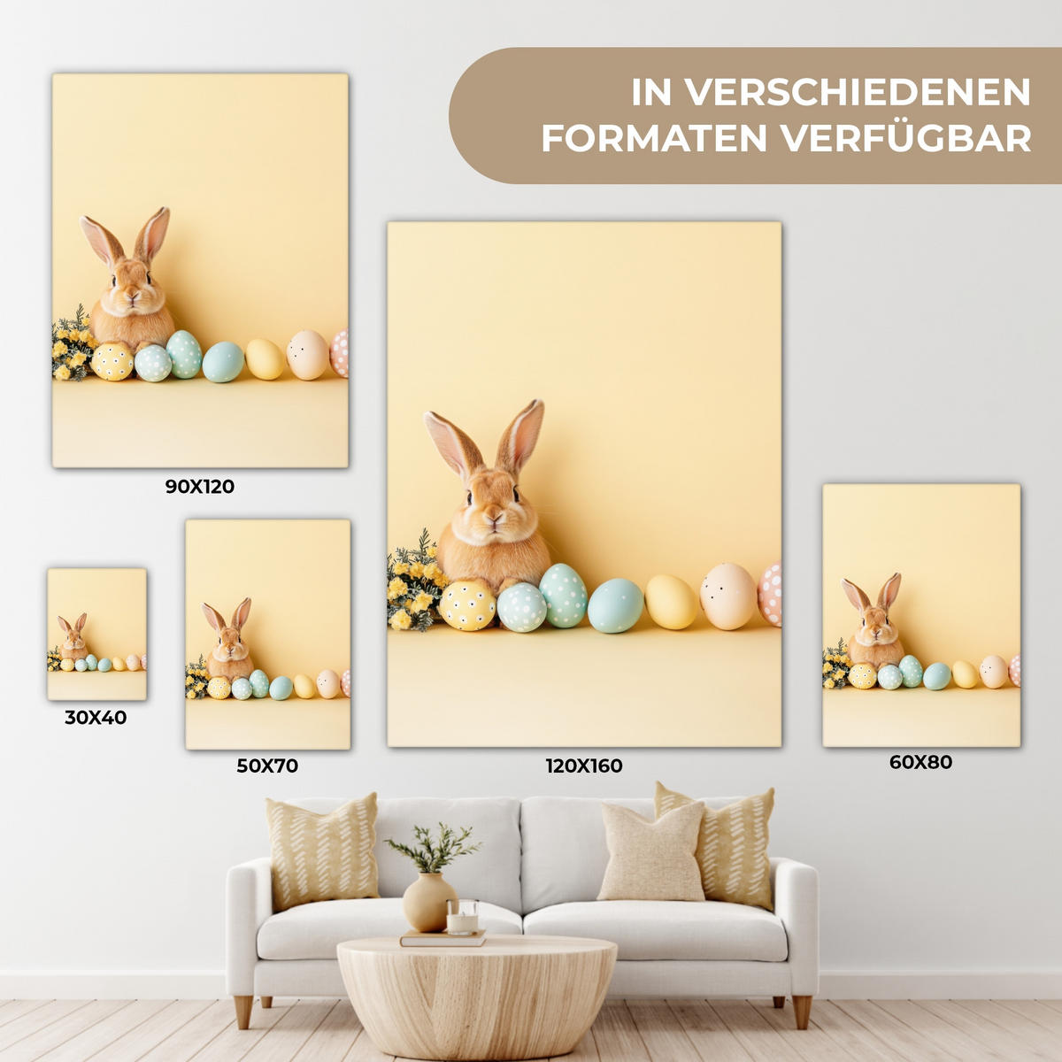 LEINWANDBILD Eier - Kaninchen - Pastellfarbtöne Wandbild Wohnzimmer 60x80 cm - Hellgelb, Textil (60/80cm) - MuchoWow