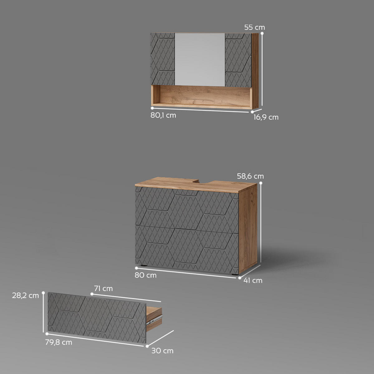 BADMÖBEL-SET Ronco Anthrazit gestreift 2 Teile, Unterschrank 80 cm - Eichefarben/Anthrazit, Holzwerkstoff (80/58/41cm) - Livinity®