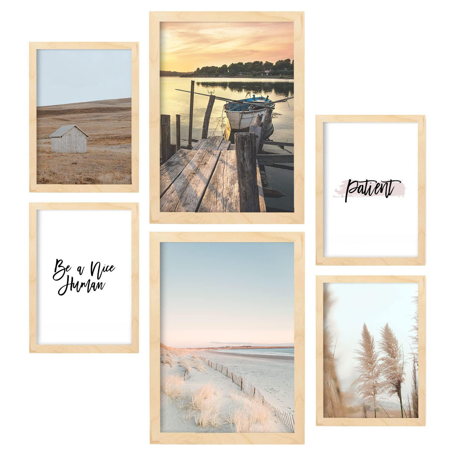 POSTER Set Mit 6 Strand Wandbild A3 & A4 Rahmen Aus Hellem Holz - Beige, Papier (29/3cm) - Nacnic