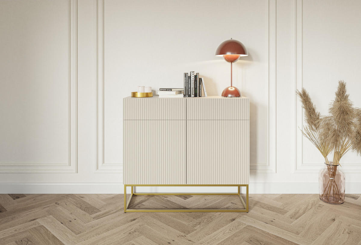 KOMMODE Veldio Graubeige mit goldenem Metallgestell 100 cm - Greige/Goldfarben, Holzwerkstoff/Metall (100/90/38cm) - Selsey