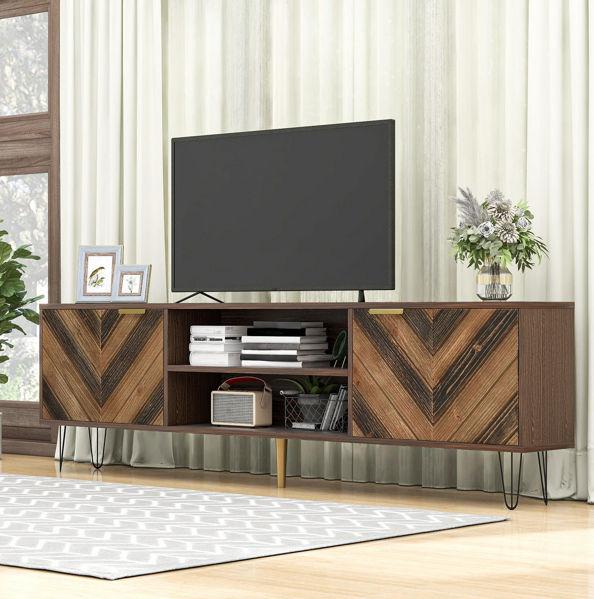 TV-LOWBOARD mit 2 Türen 155 cm Holzfarbe mit Eisenfüßen - Braun, Holzwerkstoff (38/48/155cm) - Beauniv