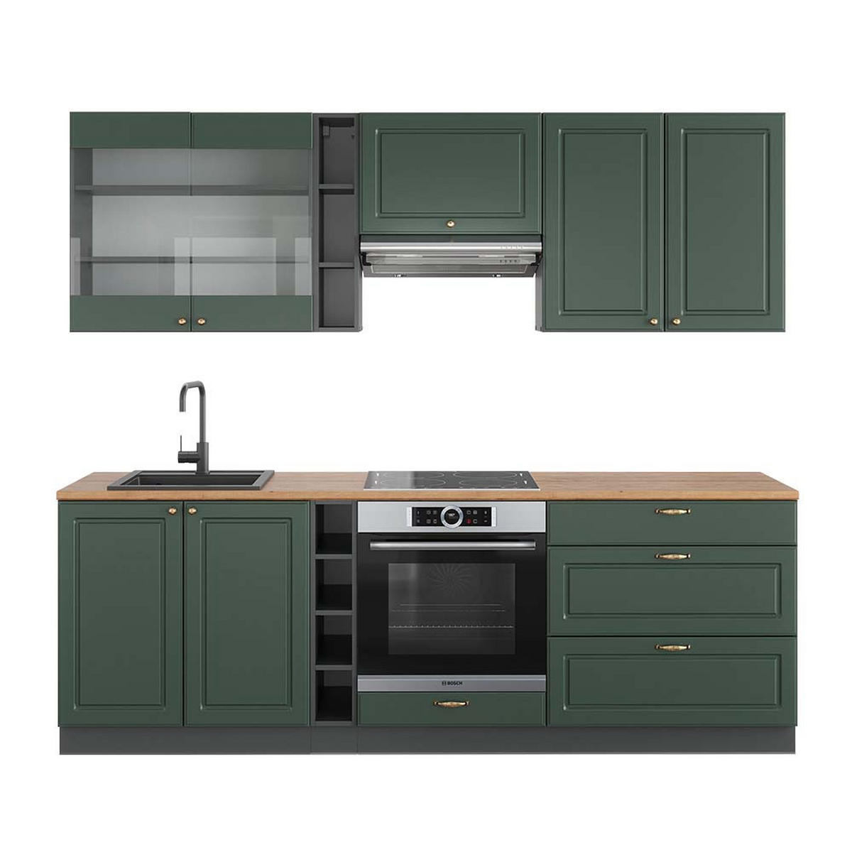 KÜCHENZEILE Fame-Line Grün-Gold Landhaus/Anthrazit 235 cm, AP Eiche - Anthrazit/Grün, Holzwerkstoff (235/81.6/60cm) - Vicco