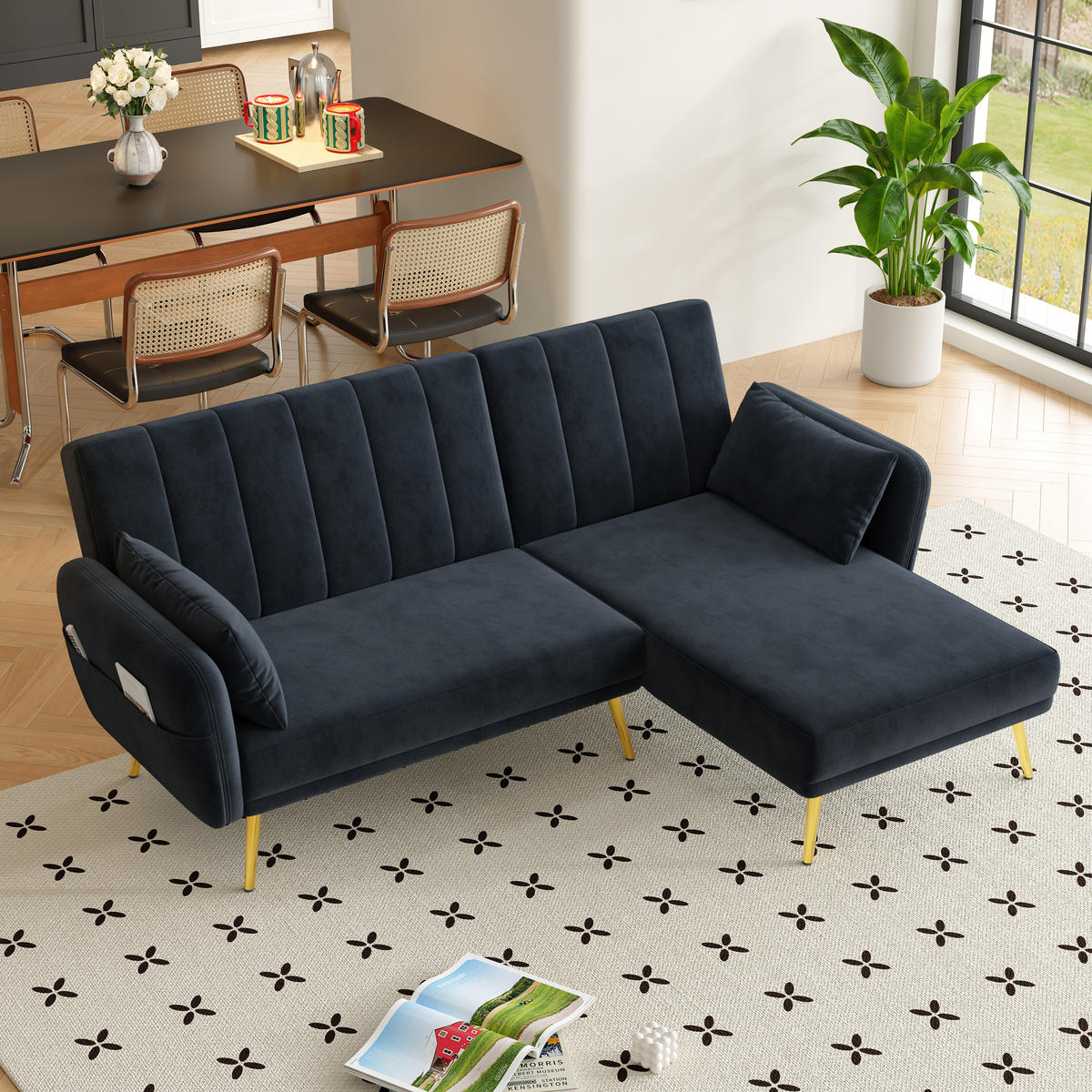 ECKSOFA L-Form Klappbett mit Zusatzecke Schlaffunktion Modern Schwarz - Schwarz, Holz (110.49/70.99cm) - FLIEKS