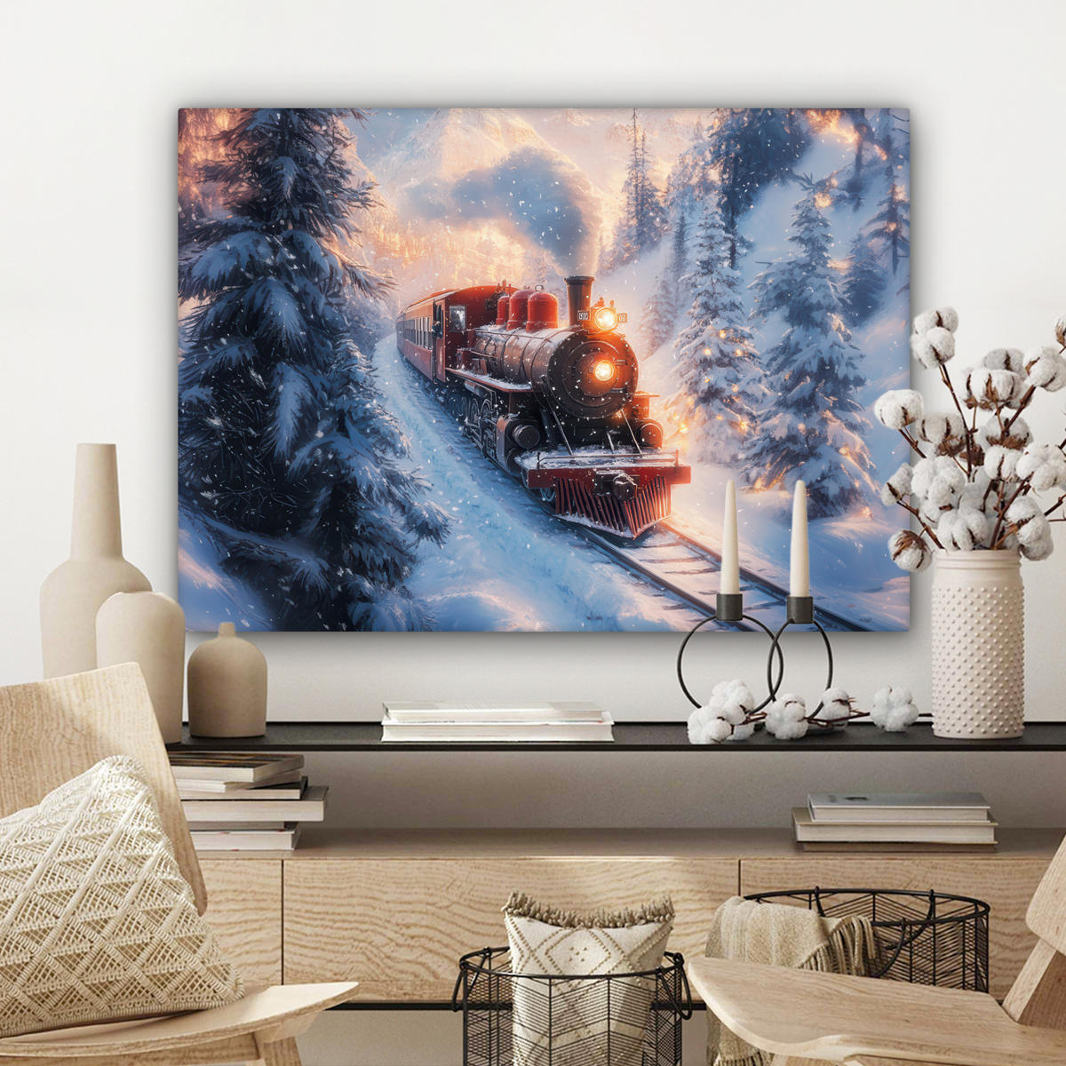 LEINWANDBILD Weihnachtszug - Schnee - Winter - Weihnachten Wandbilder 80x60 cm - Dunkelrot, Textil (80/60cm) - MuchoWow