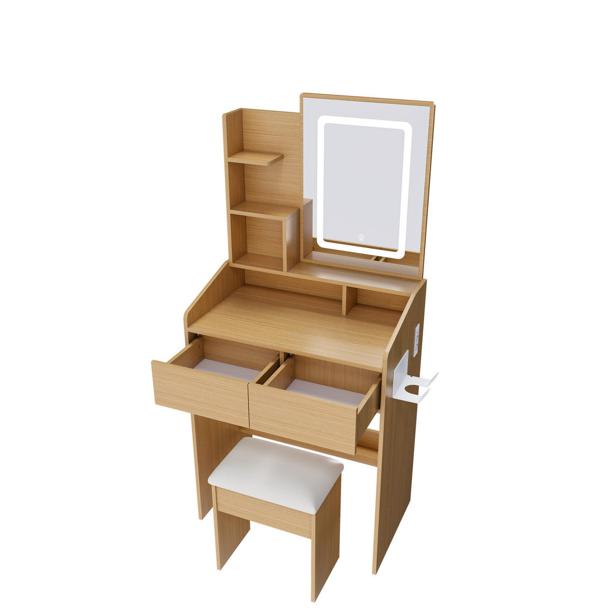 SCHMINKTISCH in Holzoptik 60 cm mit LED-Spiegel, Steckdose und Hocker - Naturfarben, Holzwerkstoff (60/130/36cm) - Urban Meuble