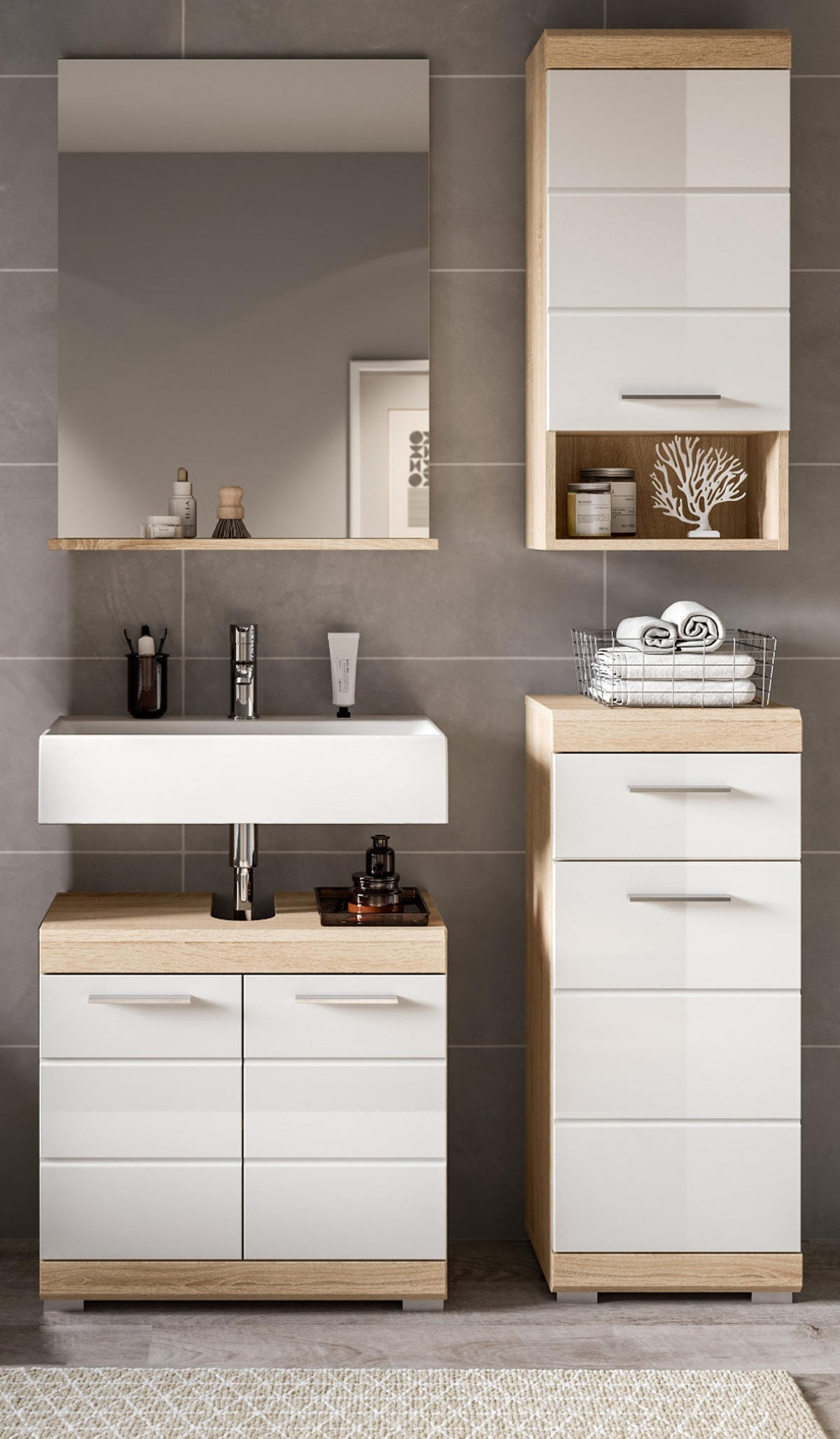 BADMÖBEL-SET weiß Hochglanz, Eiche 4-teilig 112 cm, Kombination mit viel Stauraum - Weiß Hochglanz/Eichefarben, Holzwerkstoff (112/191/34cm) - Inn.Furn