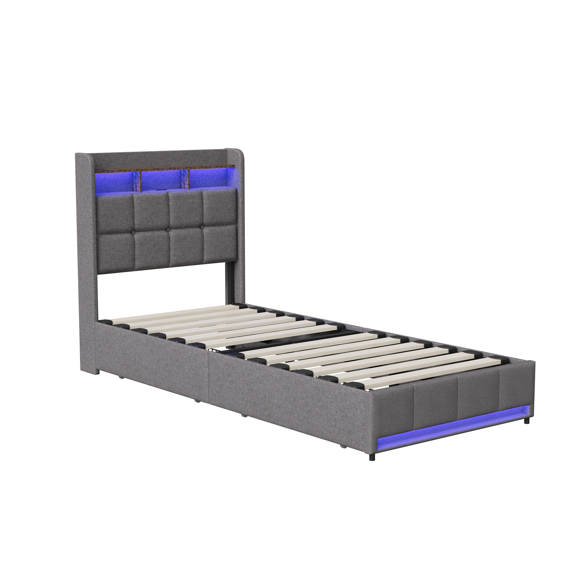 SHOPENTRA PLYNOVÁ tlaková postel 90x200 cm, LED, USB/Type-C, zásuvky, lněná, šedá