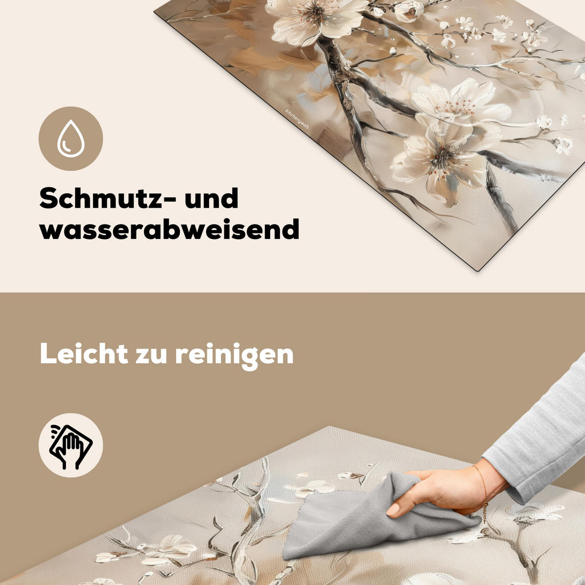 HERDABDECKPLATTE Blumen - Abstrakt - Gemalt - Beige 91x52 cm - Kaschmir, Kunststoff (91.6/0.2/52.7cm) - MuchoWow