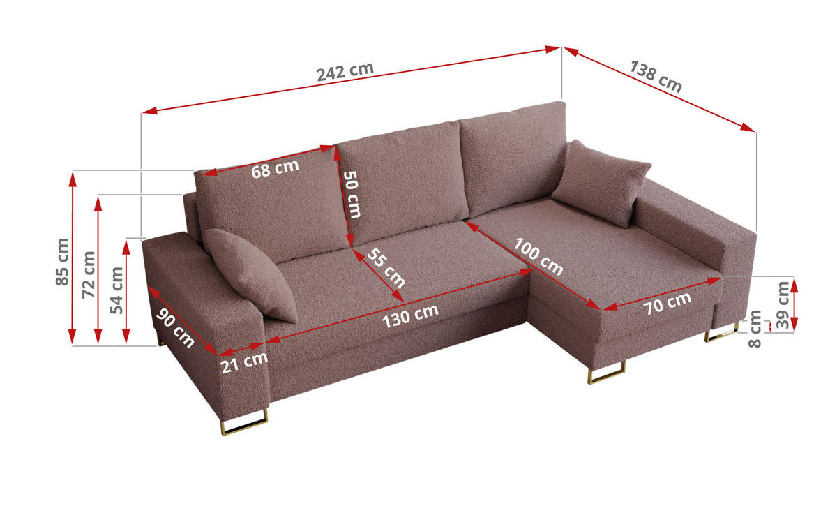 ECKSOFA Dorian Boucle Rosa - Goldfarben/Rosa, Textil/Metall (242/138cm) - MKS