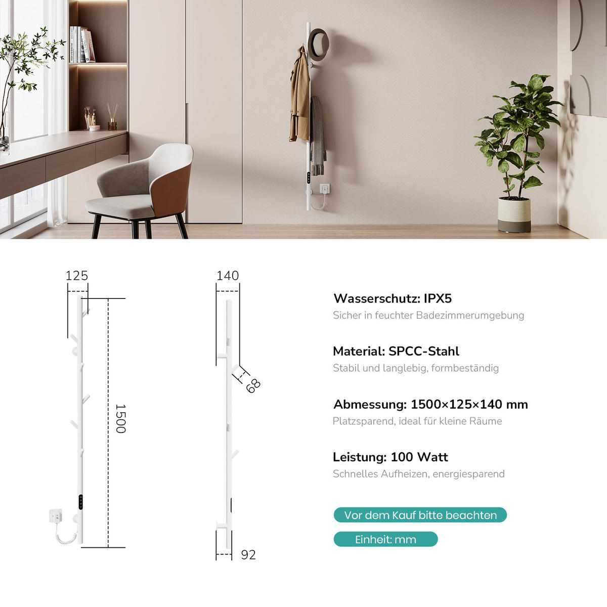 HANDTUCHHEIZKÖRPER Baumheizkörper WLAN Weiß 150 cm - Weiß, Metall (12.5/150/14cm) - EMKE