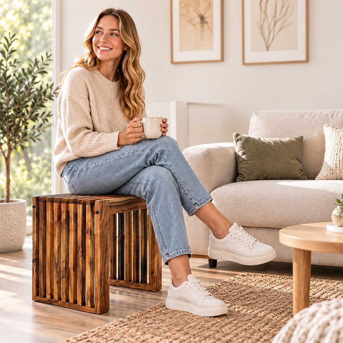 LAVICE Přírodní akáciové dřevo olejované - hnědá, dřevo (45/43/33cm) - Relaxdays