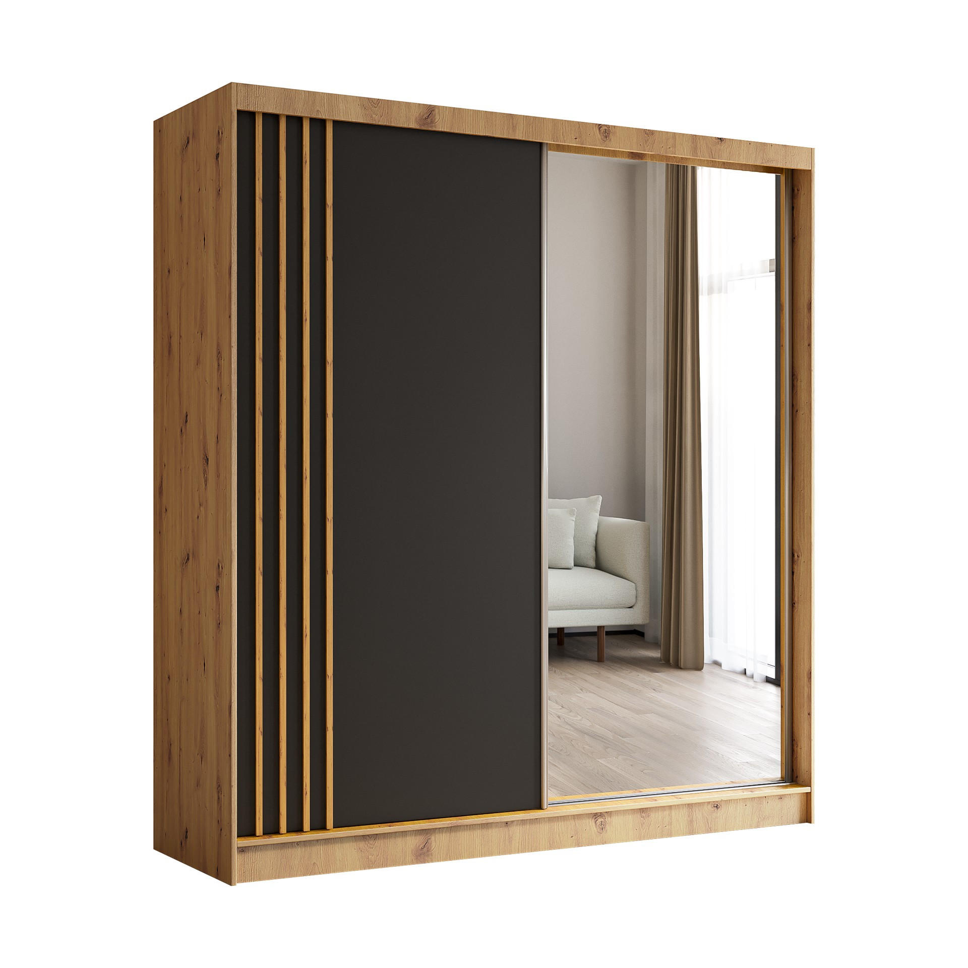 SCHWEBETÜRENSCHRANK Neli 200 cm mit Lamellen und Spiegel 2-türig, Artisan, schwarz, Lamelle Artisan - Schwarz/Braun, Kunststoff (200/216/61cm) - Margaret Hadas24
