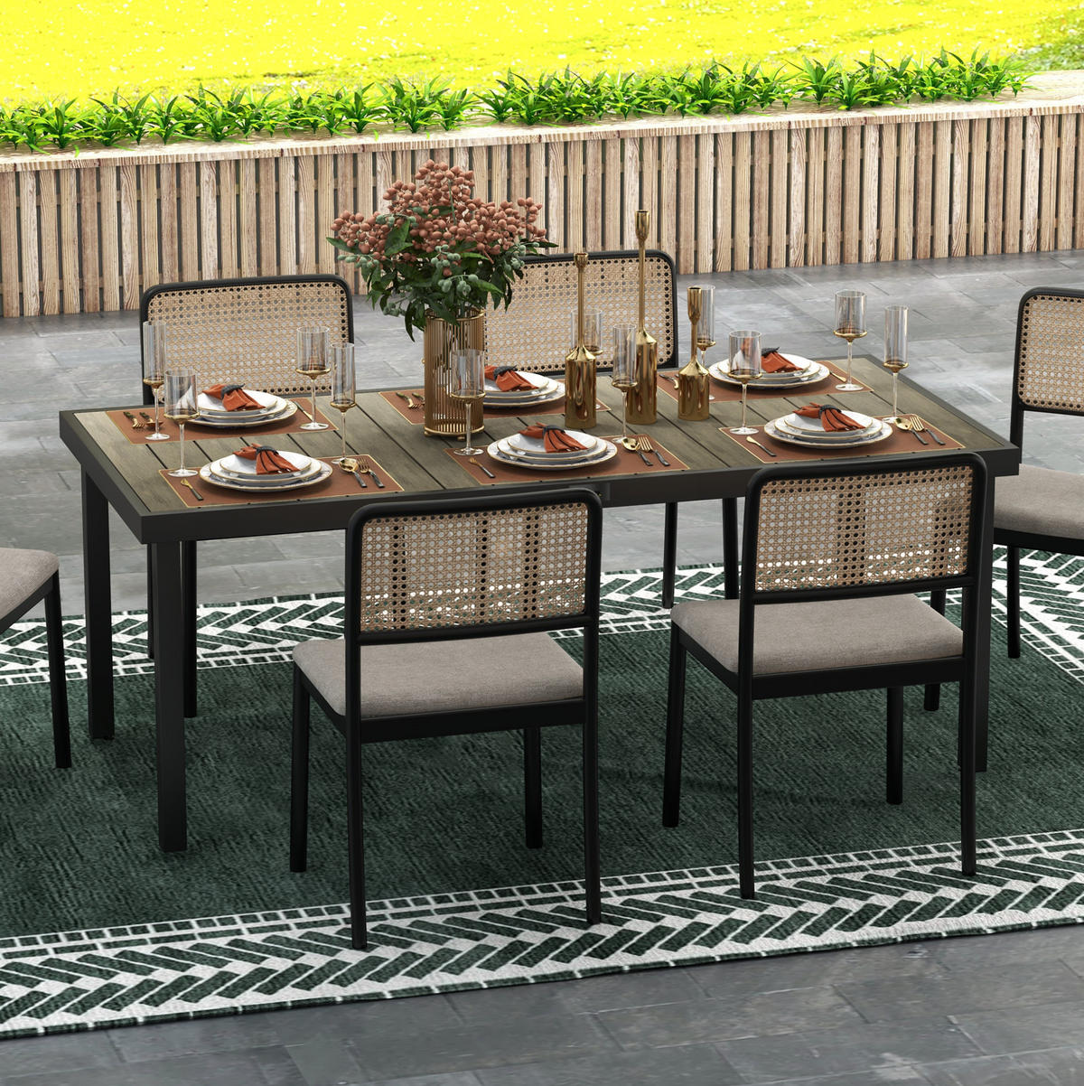GARTENTISCH aus Aluminium 190x90x74 cm Naturholz-Optik wasserfest mit Holzmaserung und rutschfesten, verstellbaren Fußpolstern - Naturfarben, Metall (190/90/74cm) - Modfu