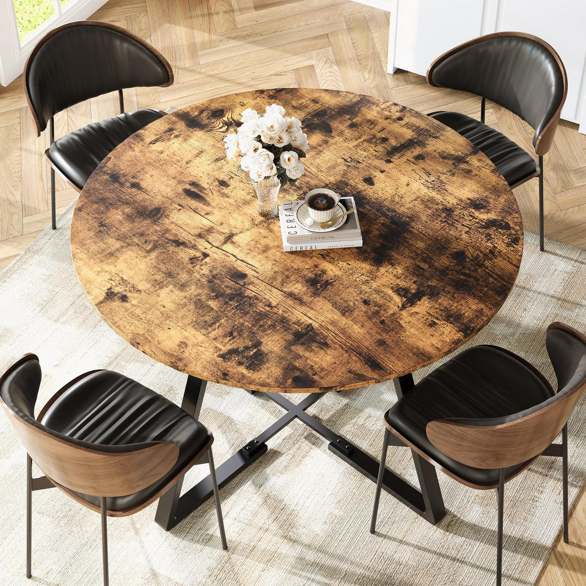 ESSTISCH Rund Ø 120 cm Industrial Design mit Ablagefach, MDF & Metall Schwarz-Braun - Braun, Metall (120/120/75cm) - DELFA