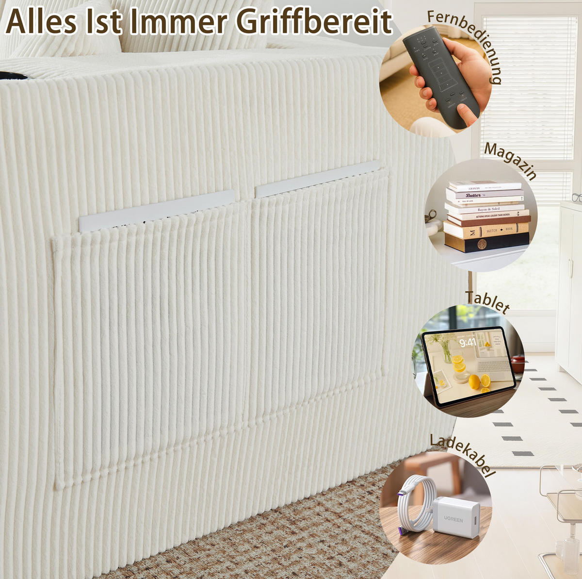 SOFA modulares Ecksofa 3-Sitzer Cord Beige mit 2 Ottomanen - Beige, Kunststoff (230/75/138cm) - IVMEU
