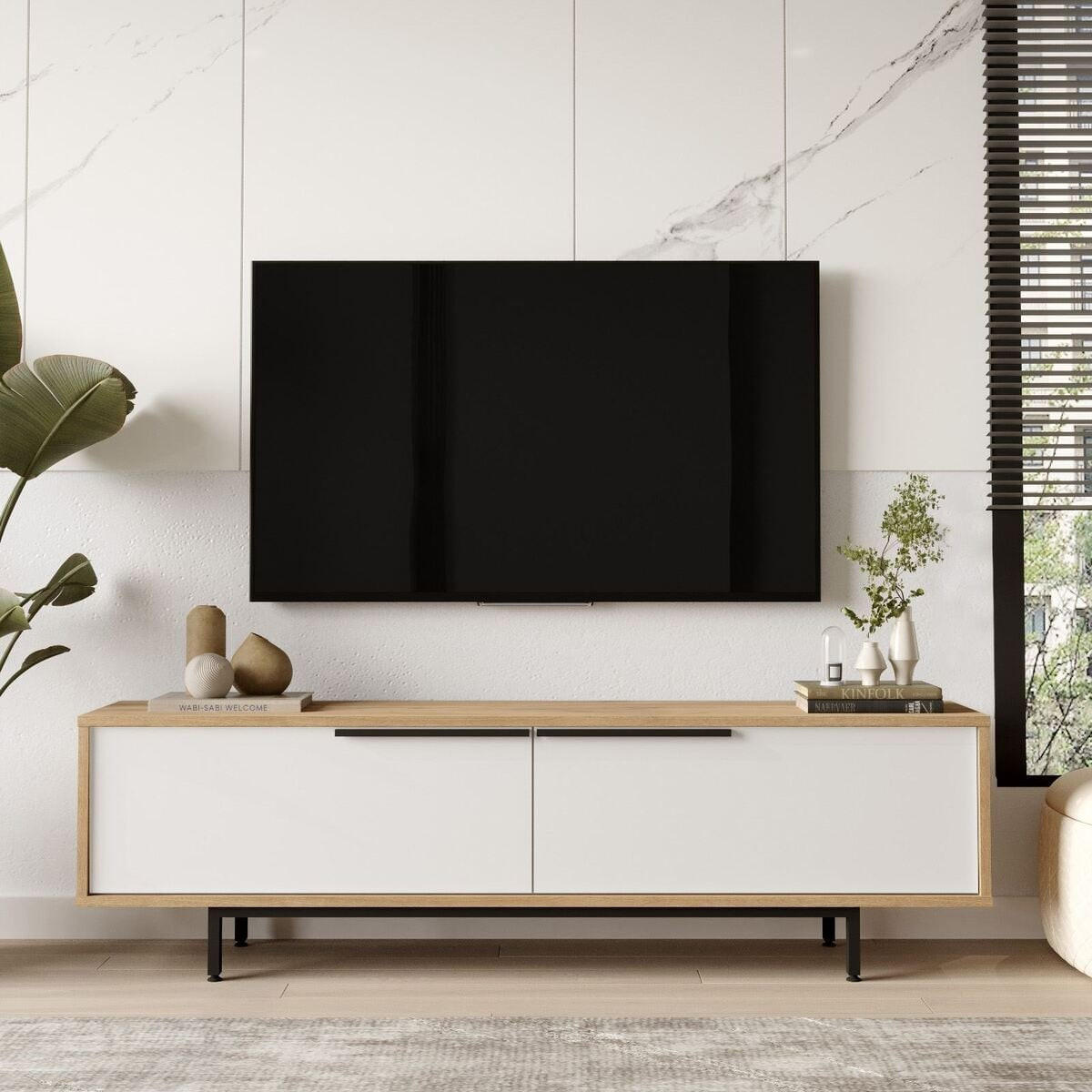TV stolek se 2 výklopnými dvířky, dubový a bílý efekt, šířka 160 cm - NAYA - barva jasanu, kompozitní dřevo (35.5/45.1/10cm) - Calicosy