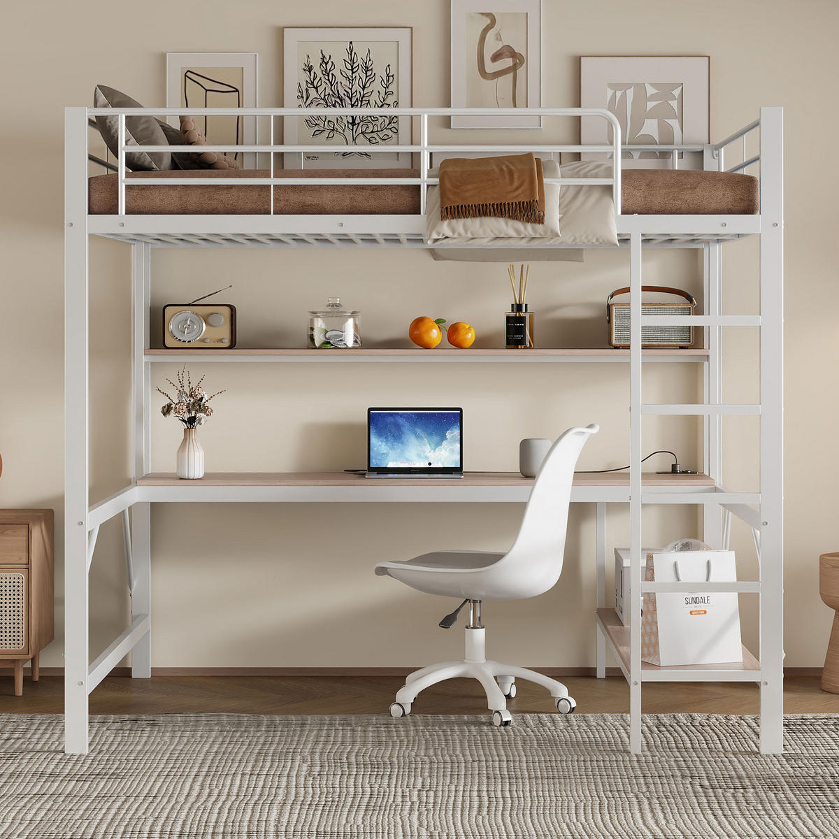 HOCHBETT 140x200cm Weiß Metall LED-Licht Schreibtisch USB - Weiß, Metall (140/200cm) - FLIEKS