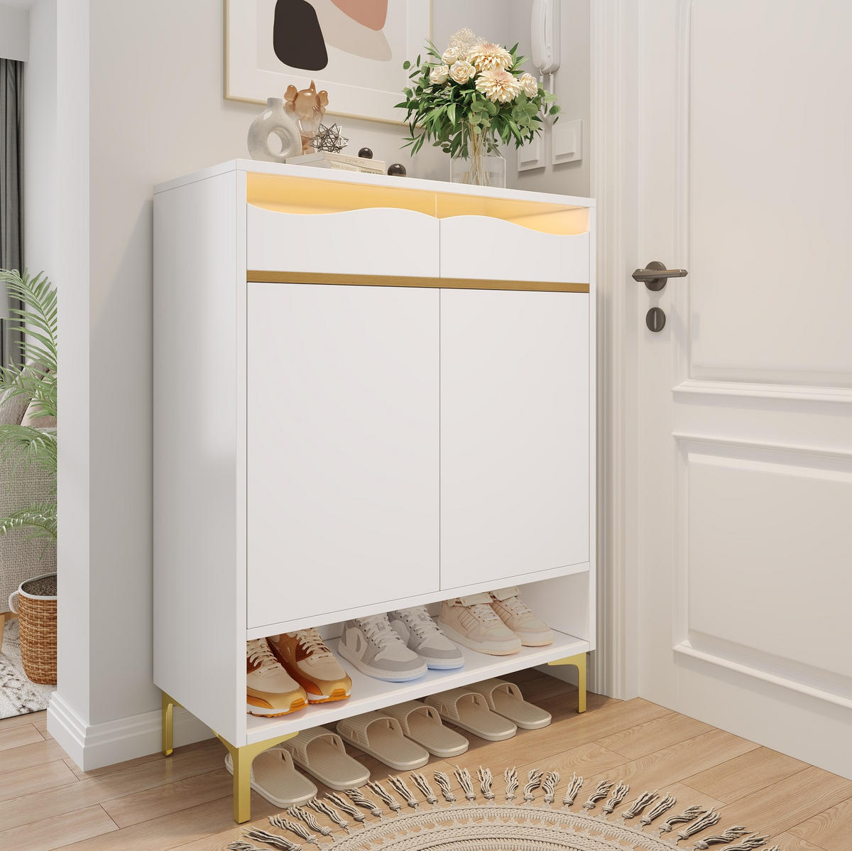 SCHUHSCHRANK 80/35/105 cm Weiß aus MDF und Spanplatte mit LED - Weiß, Holzwerkstoff (80/105/35cm) - OKWISH