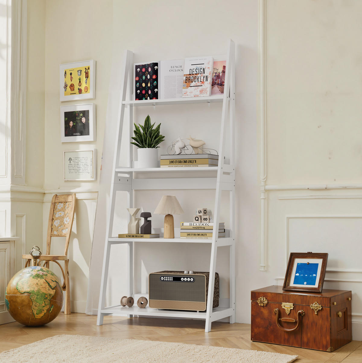BÜCHERREGAL 63/39/150 cm mit 4 Ebenen, Leiterdesign, platzsparend und kippsicher, Weiß - Weiß, Holzwerkstoff (63/150/39cm) - Redom