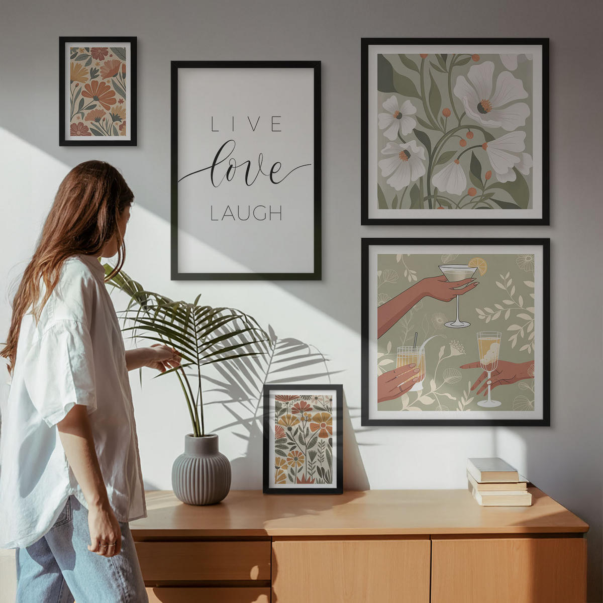 BILDER SET 5er Set - 50x50 cm & 20x30 cm & 40x60 cm Schwarzer Rahmen - Boho-Pflanzenmuster - Schwarz, Kunststoff (40/60cm) - TULUP