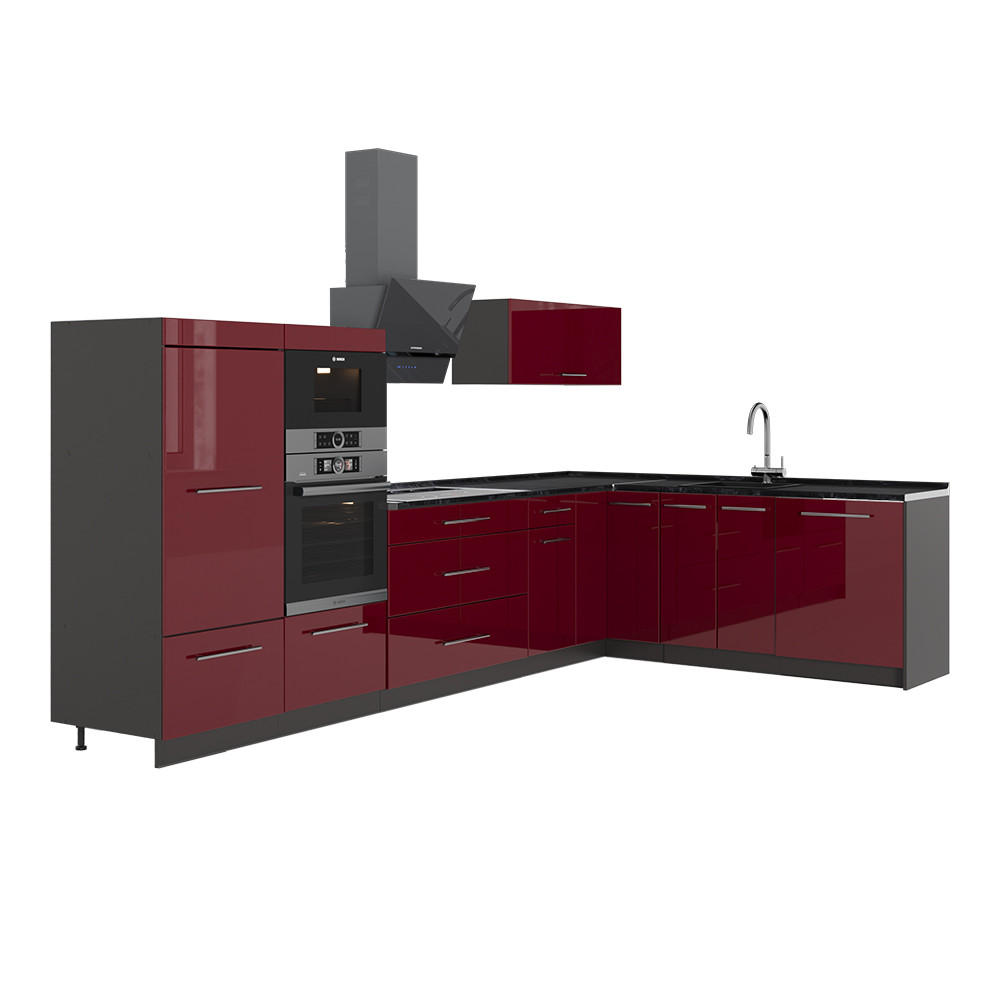 ECKKÜCHE Fame-Line, Bordeaux Hochglanz/Anthrazit, 347 x 207 cm, AP Anthrazit - Bordeaux/Anthrazit, Holzwerkstoff (347/153.6/60cm) - Vicco