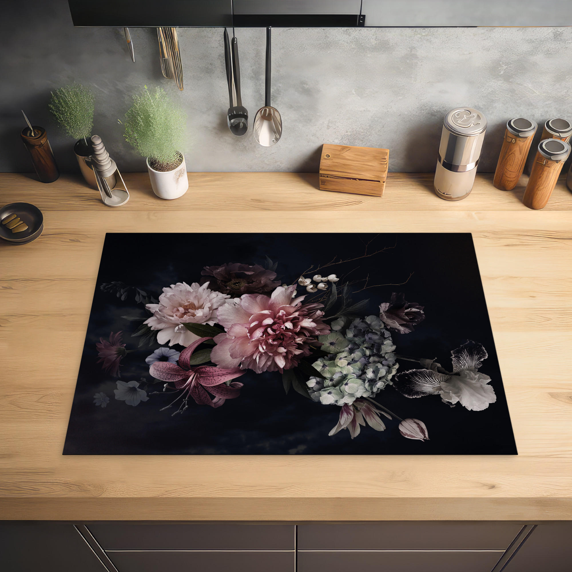 HERDABDECKPLATTE Blumen - Vintage - Pastell - Rosa - Weiß 75x52 cm - Altrosa, Kunststoff (75/0.2/52cm) - MuchoWow
