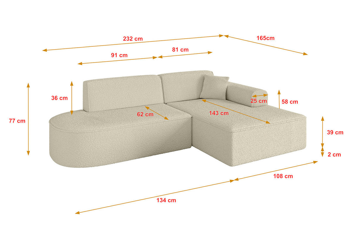 ECKSOFA Ottomane Rechts IREA-L1-v3 - 232x165x77 cm Beige - Hellbraun/Creme, Holzwerkstoff/Textil (232/165cm) - ALTDECOR
