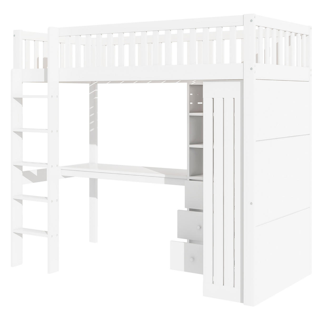 HOCHBETT aus Kiefer und MDF 90x200 cm Weiß mit Schreibtisch, Kleiderschrank, 3 Schubladen und Treppe - Weiß, Holz (90/200cm) - Modfu