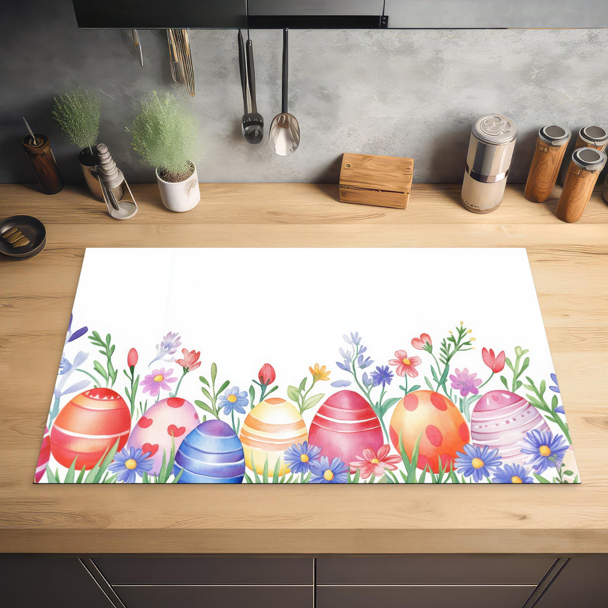 HERDABDECKPLATTE Blumengarten - Bunt - Eier Ceranfeldabdeckung 85x52 cm - Weiß, Kunststoff (85/52/0.2cm) - MuchoWow