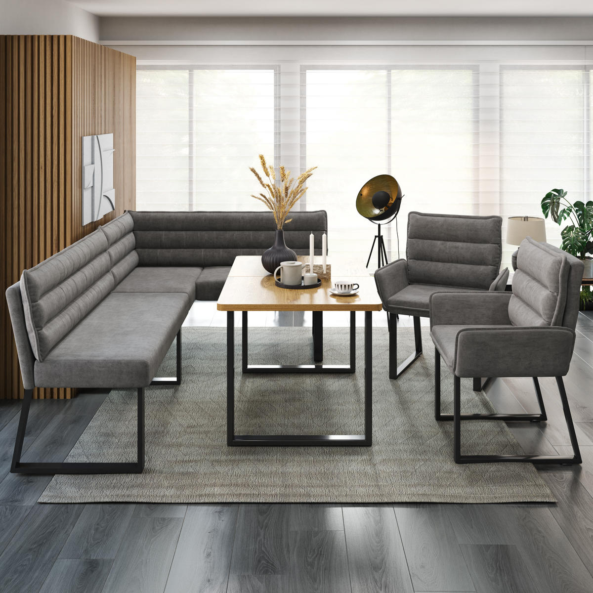 ECKBANKGRUPPE Grau Holz Chenille Tisch 2 Stühle Eckbank - Grau, Holzwerkstoff - FLIEKS