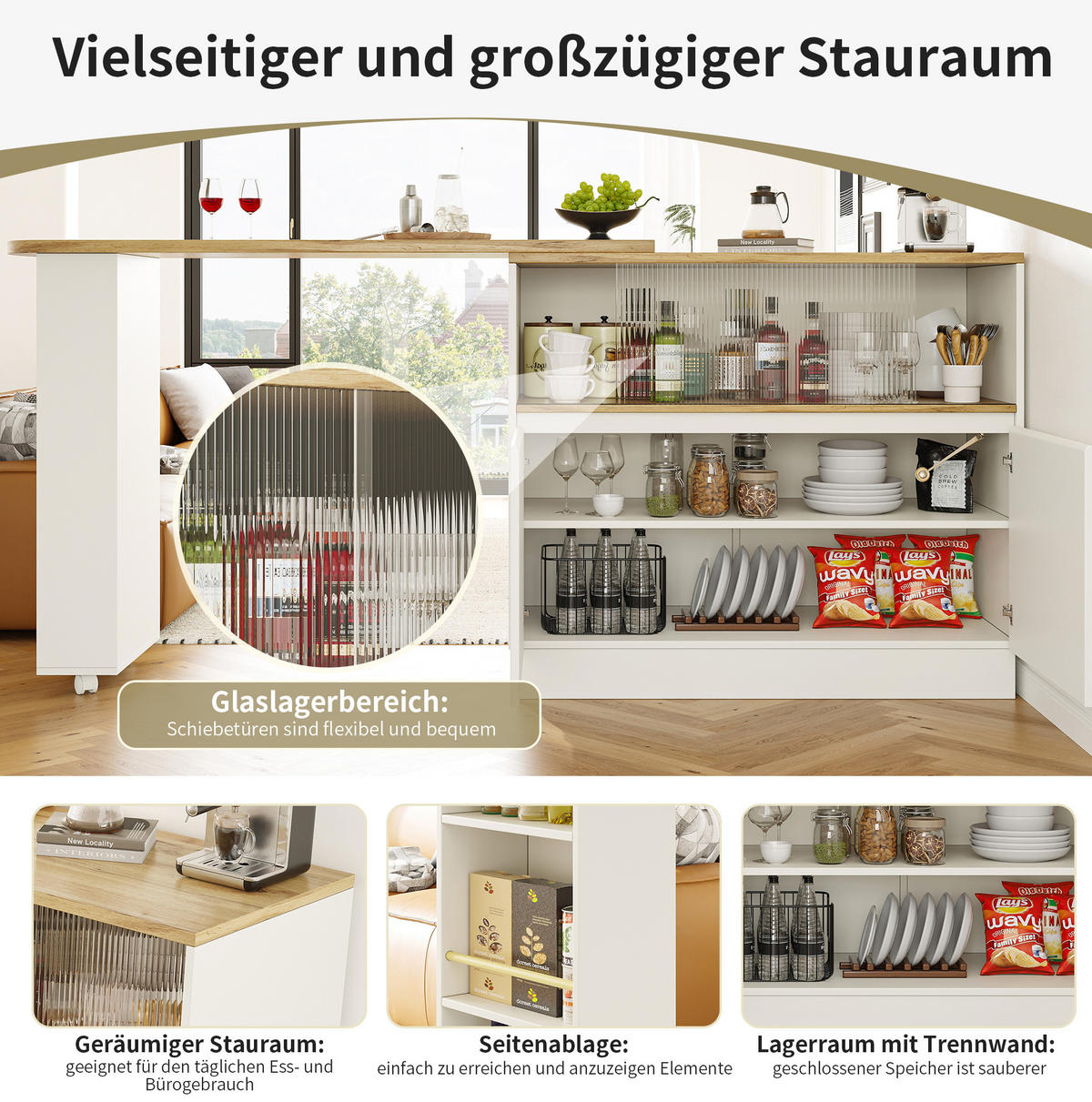 BAROVÁ skříňka 90/45/100 cm bílá z MDF s otočným designem 360° a skleněnými dveřmi - bílá, kompozitní dřevo (90/45/100cm) - OKWISH