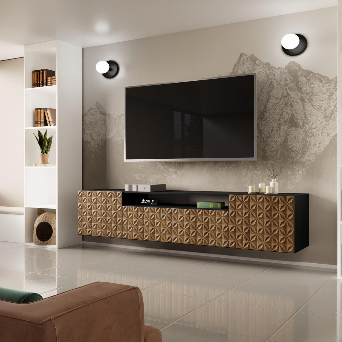 LOWBOARD ROVA 200/41/40 cm, Hängender TV-Schrank Schwarz / Eichefarben - Eichefarben/Schwarz, Holzwerkstoff (200/41/40cm) - MASSENO