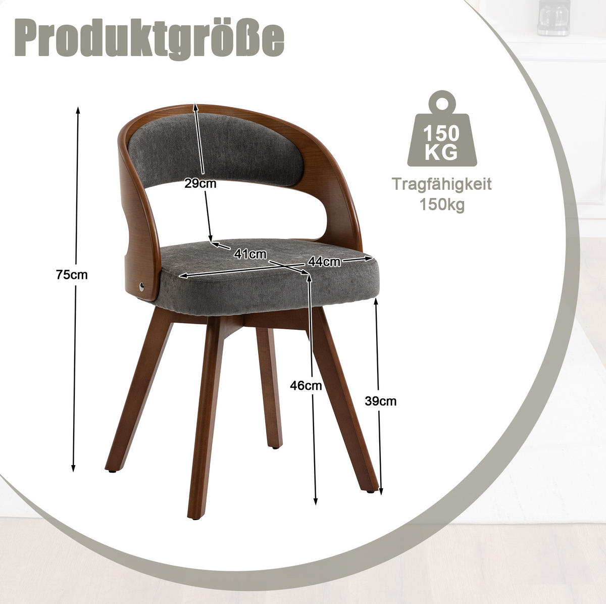 ESSZIMMERSTUHL drehbar 44 x 41 x 75 cm Leinen Grau 2er-Set - Grau, Holz (44/72/41cm) - Meubliv