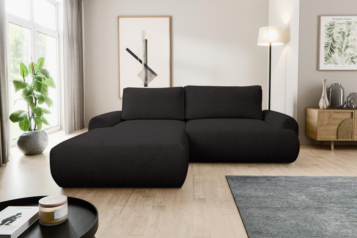 ECKSOFA Moon in L-Form mit Schlaffunktion und Bettkasten, Farbe: Schwarz, Bouclé-Stoff, Ottomane Links - Schwarz, Textil (136/260cm) - VENASI MÖBEL