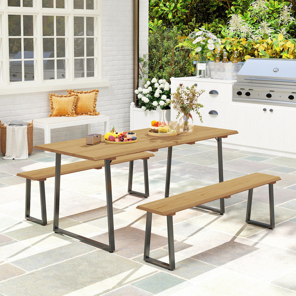 SITZGRUPPE 3-teilig Holz Essgruppe für 6 Personen Esstisch mit Bänke Schirmloch - Schwarz/Naturfarben, Holz/Metall - Outsunny