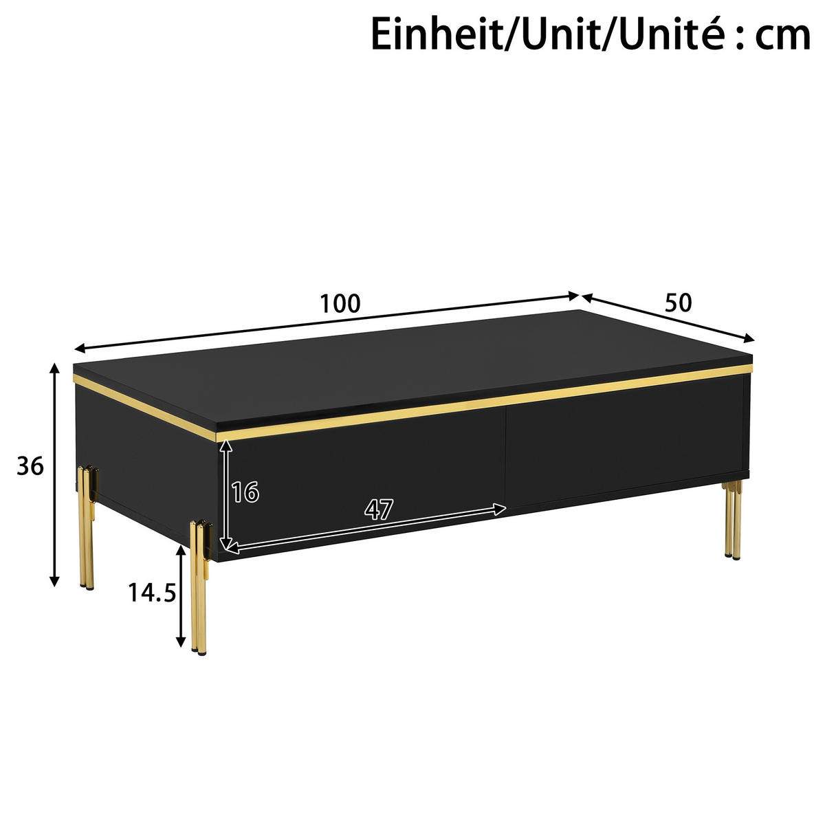 TV-MÖBEL- und Couchtisch-Set 170x38x50 cm aus Spanplatte Schwarz mit Stauraum und goldfarbenen Metallbeinen - Schwarz, Holzwerkstoff (170/50/38cm) - IVMEU