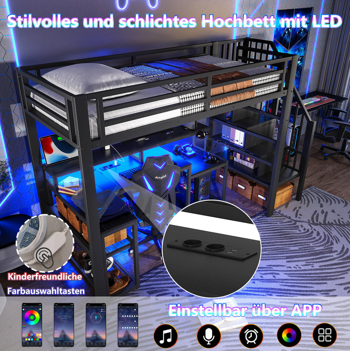 HOCHBETT 90/200 cm mit Schreibtisch, USB-Anschluss, LED-Beleuchtung und Stauraum aus Metall und MDF, Schwarz - Schwarz, Metall (90/200cm) - Redom