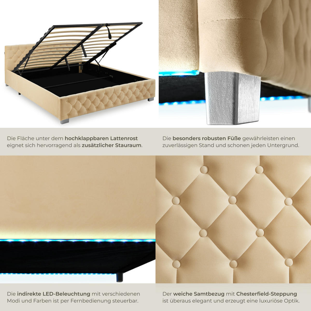 POLSTERBETT Daytona,großer Stauraum,beige - Beige, Holz (180/200cm) - tectake