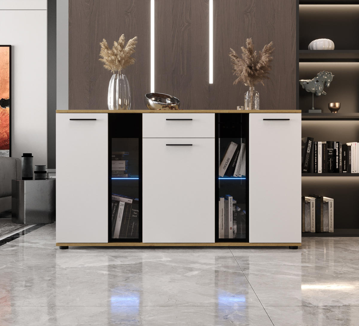 KOMMODE London LSK mit 3 Türen, Sideboard in Farbe: Weiß|Braun, Größe: 140 x 80 x 40 cm - Weiß/Braun, Holzwerkstoff (140/80/40cm) - O-Sofa